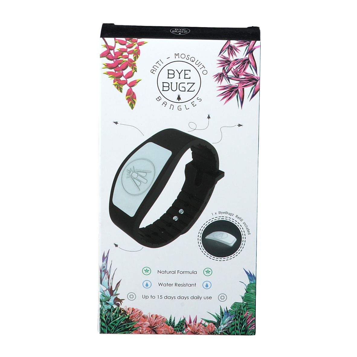 Bracelet noir dans son emballage. Inscription: Anti-Mosquito ByeBugz Bangles. Formule naturelle, résistant à l'eau, jusqu'à 15 jours.