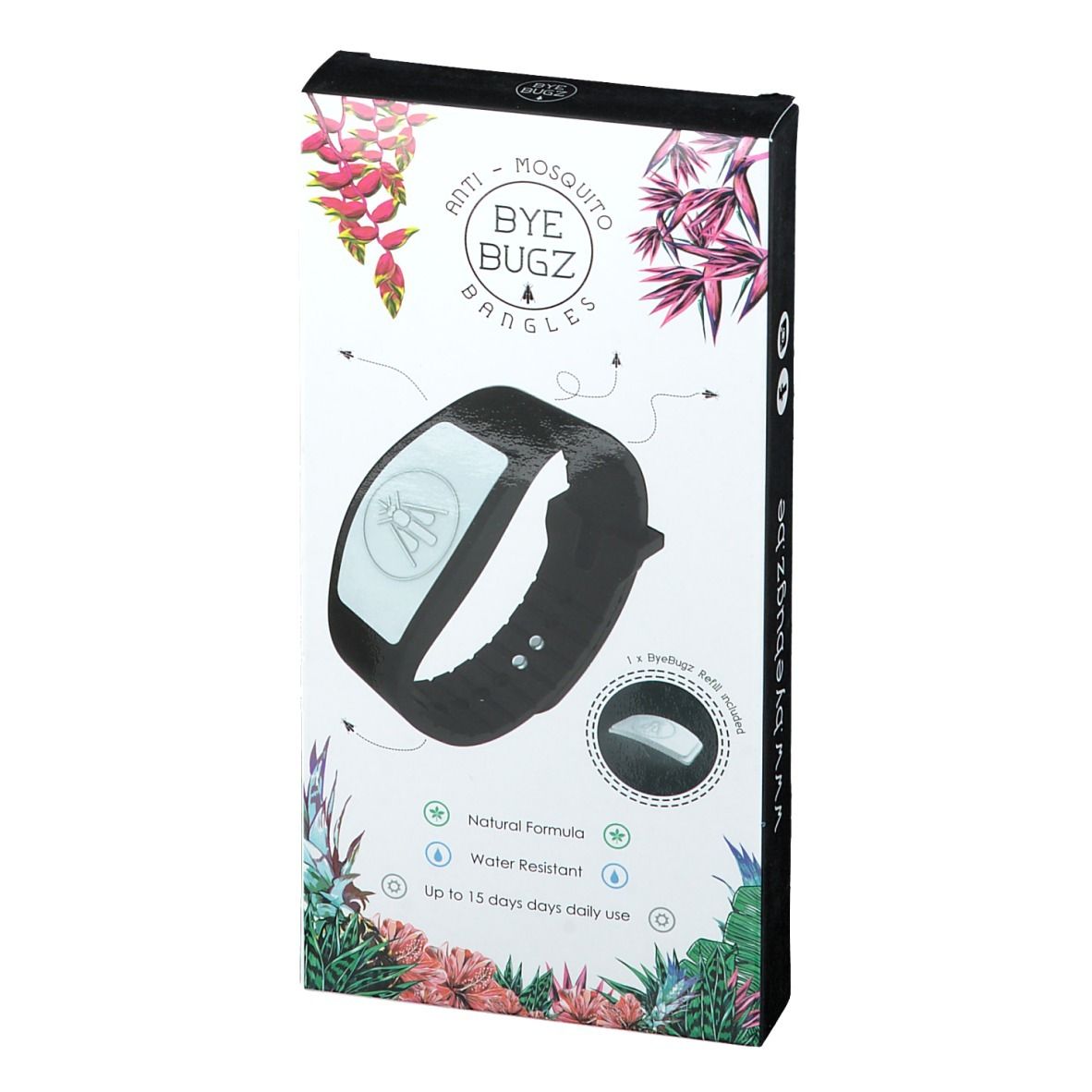 Bracelet noir dans son emballage. Inscription: Anti-Mosquito ByeBugz Bangles. Formule naturelle, résistant à l'eau, jusqu'à 15 jours.