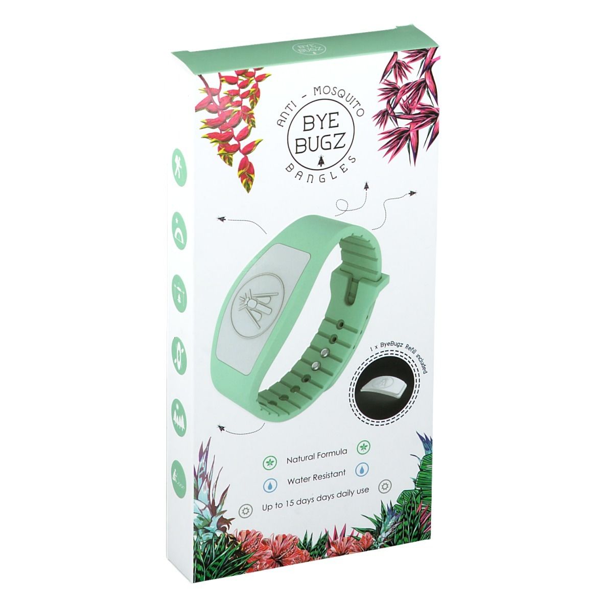 Boîte avec bracelet vert. Inscription: Anti-Mosquito ByeBugz Bangles. Contient un bracelet et une recharge.