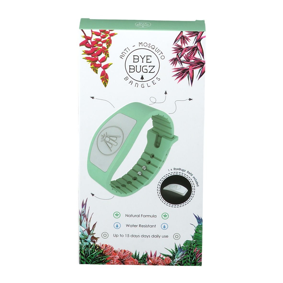 Boîte avec bracelet vert. Inscription: Anti-Mosquito ByeBugz Bangles. Contient un bracelet et une recharge.