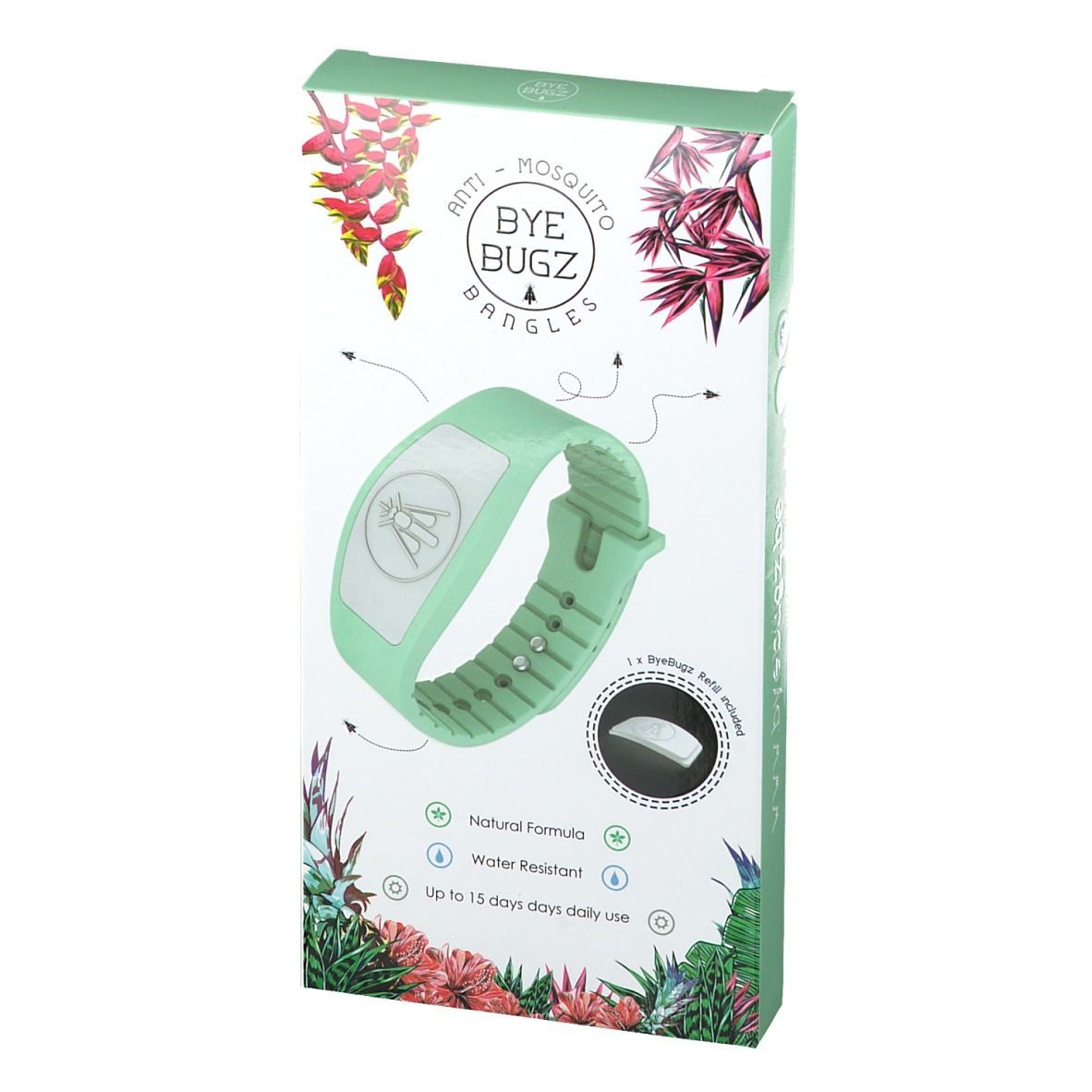 Boîte avec bracelet vert. Inscription: Anti-Mosquito ByeBugz Bangles. Contient un bracelet et une recharge.