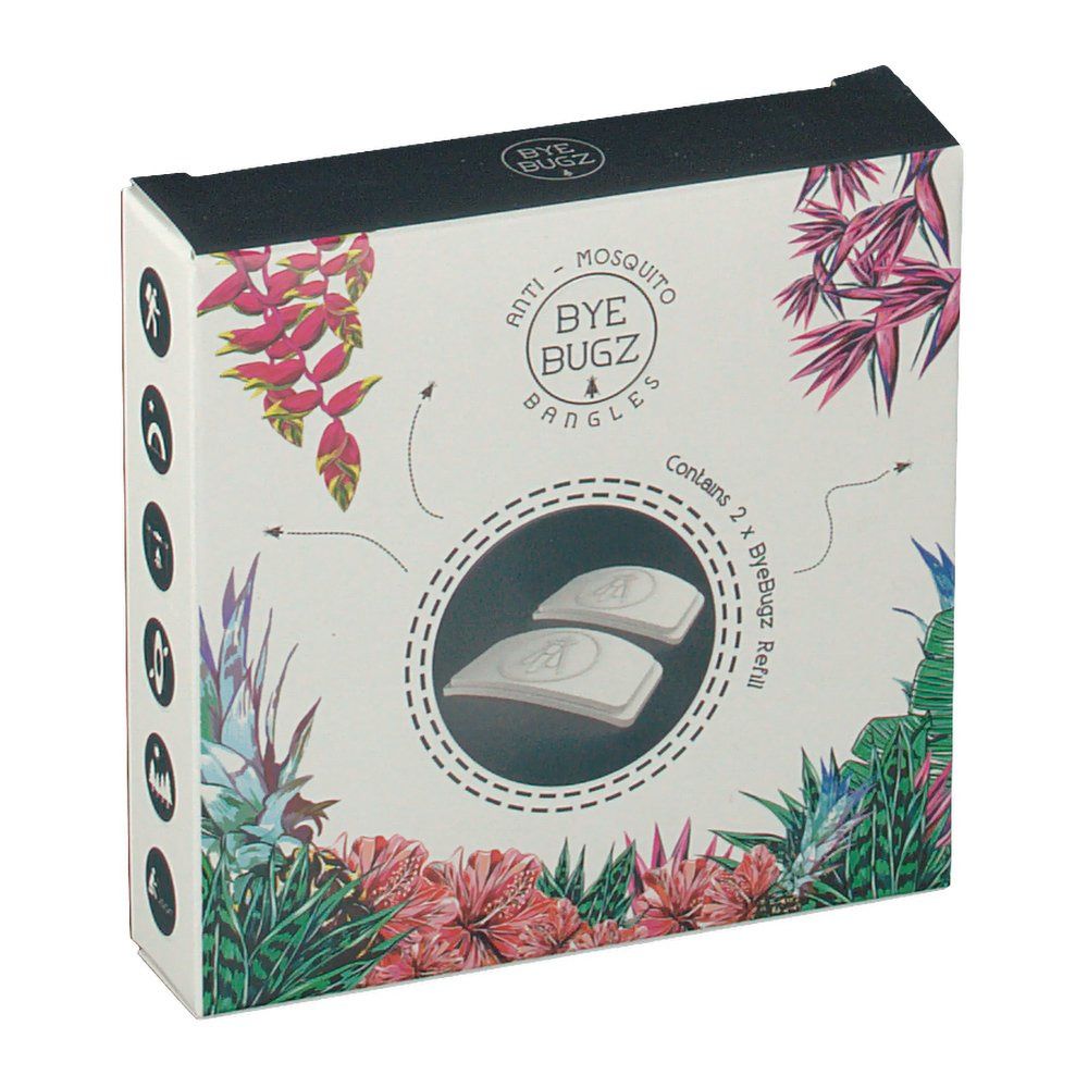 Boîte avec motif floral. Contient deux recharges ByeBugz. Texte : Bracelets anti-moustiques.
