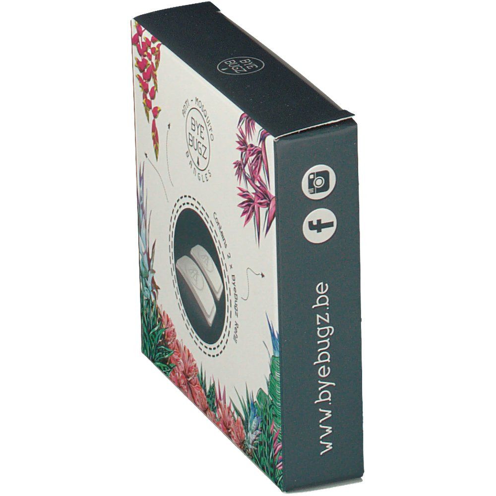 Boîte avec motif floral. Contient deux recharges ByeBugz. Logo et icônes de réseaux sociaux.