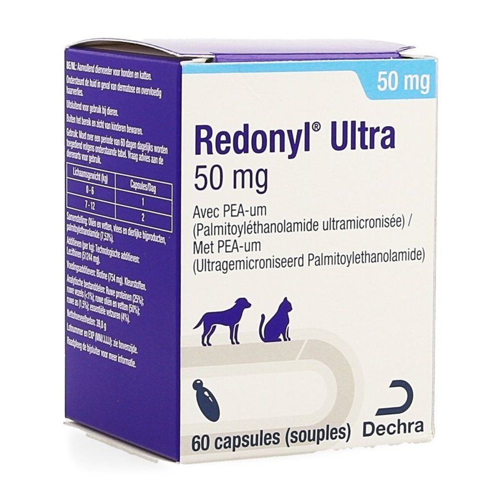 Boîte de Redonyl Ultra 50mg, 60 capsules. Contient des illustrations de chien, chat et capsule. Couleurs bleu et blanc.