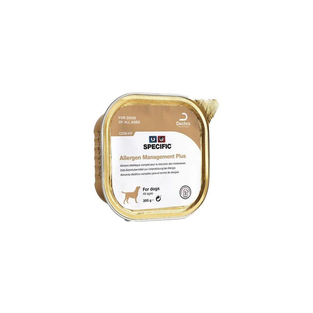 Boîte ouverte avec impressions. Inscription: SPECIFIC Allergen Management Plus. Pour chiens de tous âges. Logo et texte.