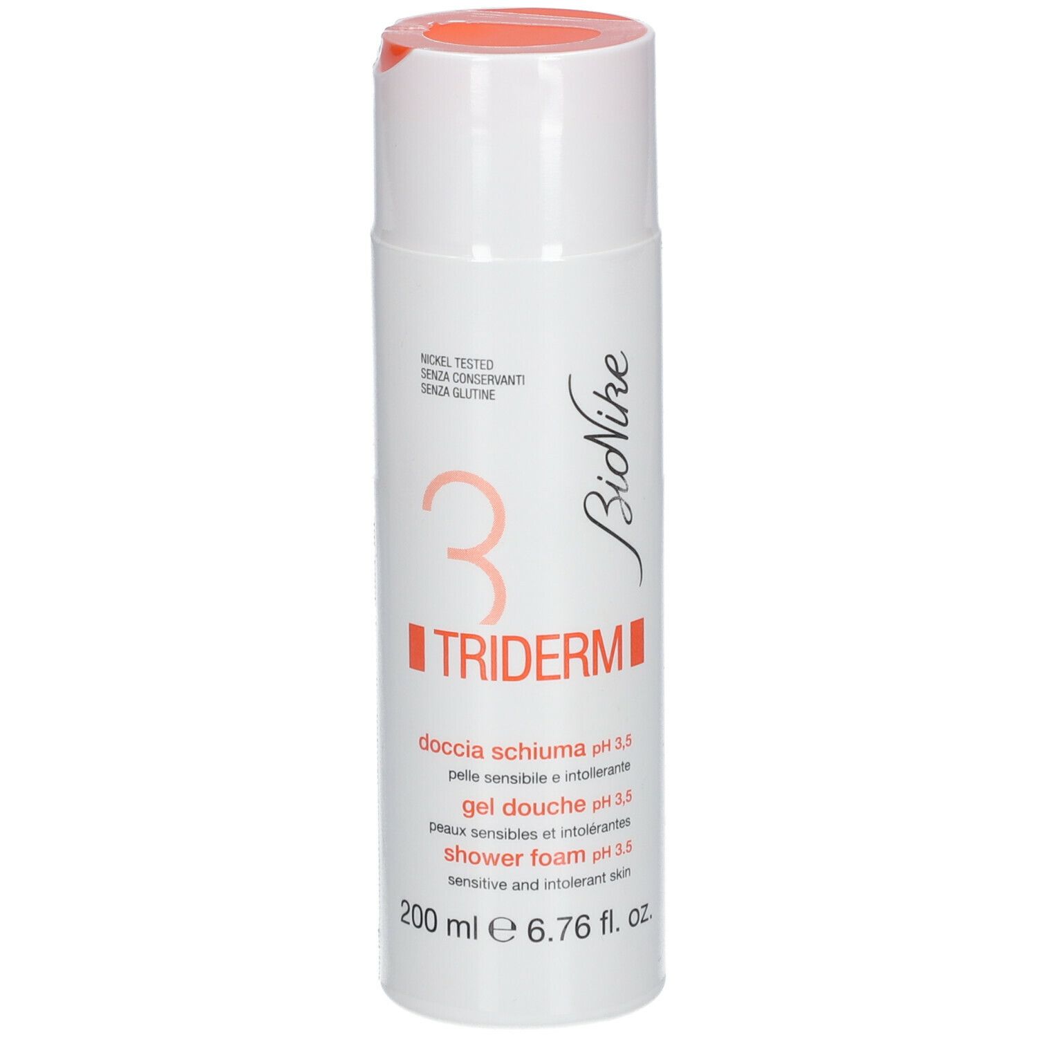 Flacon blanc avec bouchon orange. Inscription Triderm, Bionike. Nom du produit et pH.