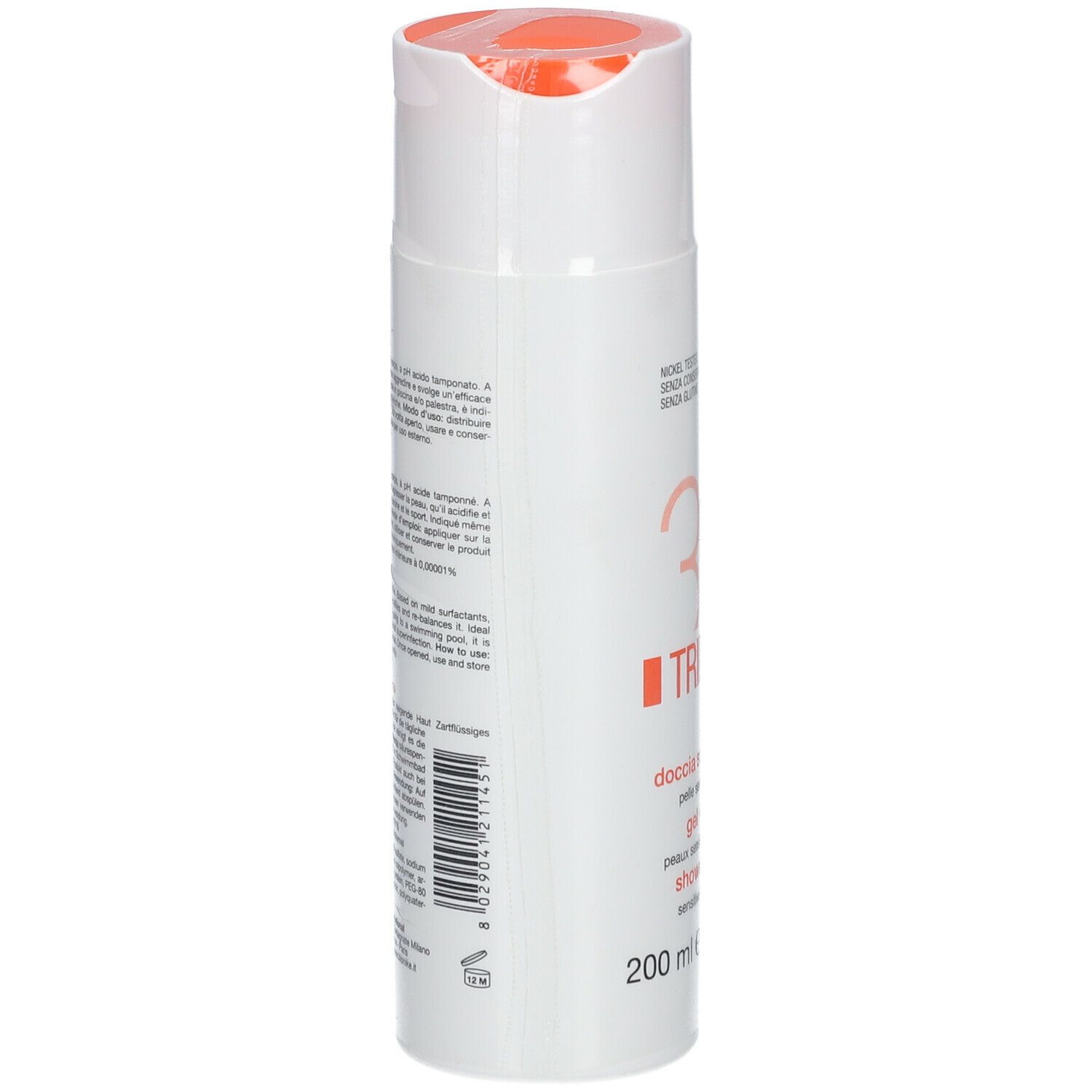 Flacon blanc avec bouchon orange. Dos avec texte. Logo Bionike.