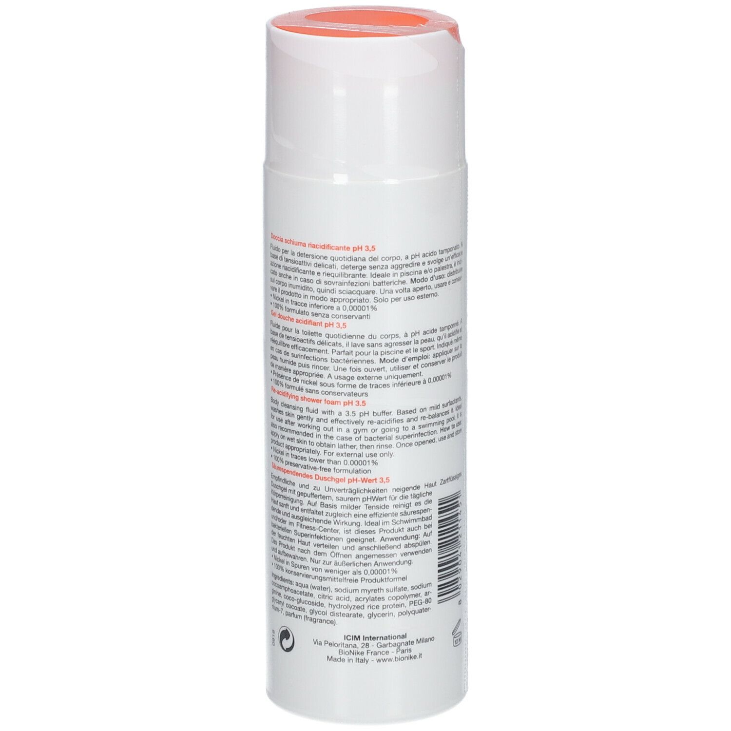 Flacon blanc avec bouchon orange. Dos avec texte. Logo Bionike.