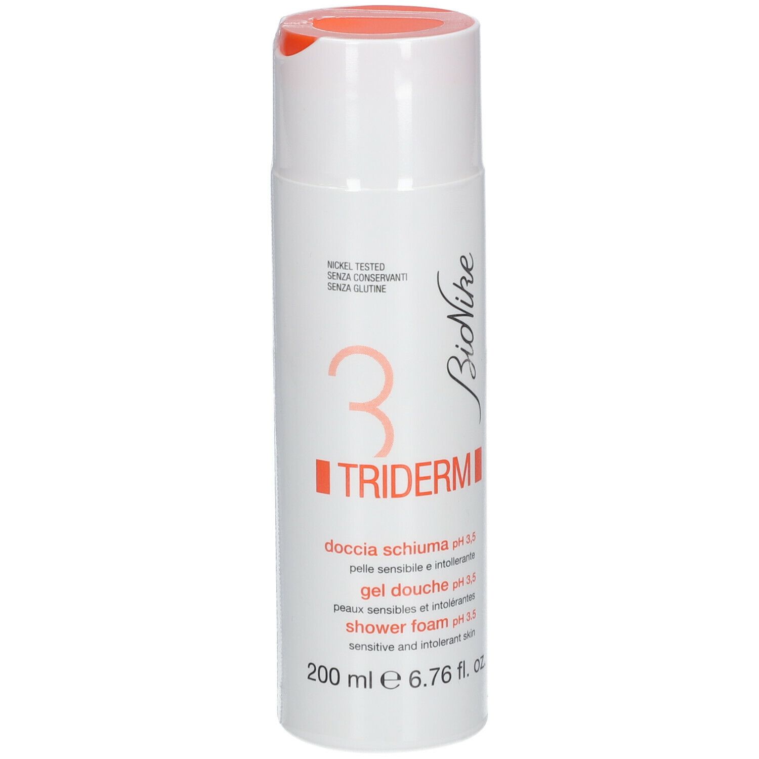 Flacon blanc avec bouchon orange. Inscription Triderm, Bionike. Nom du produit et pH.