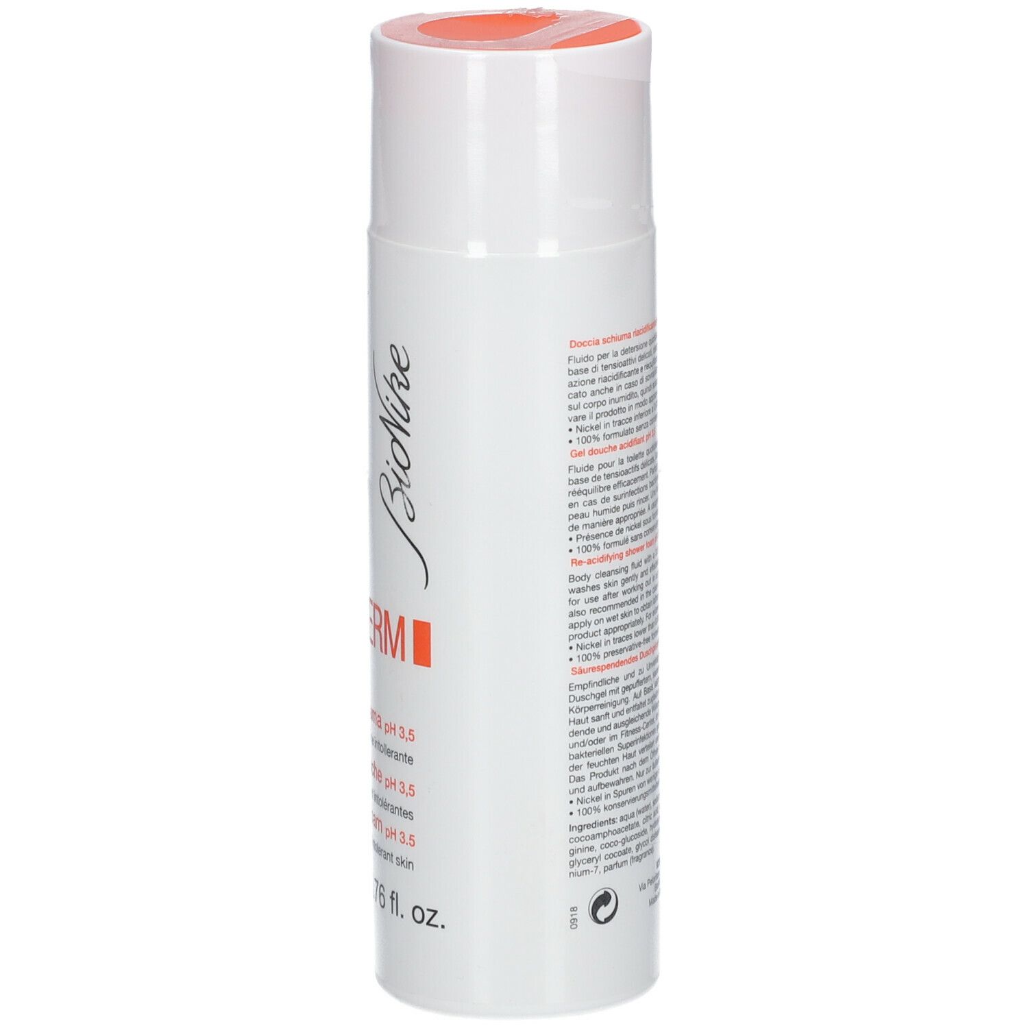 Flacon blanc avec bouchon orange. Inscription Triderm, Bionike. Nom du produit et pH.