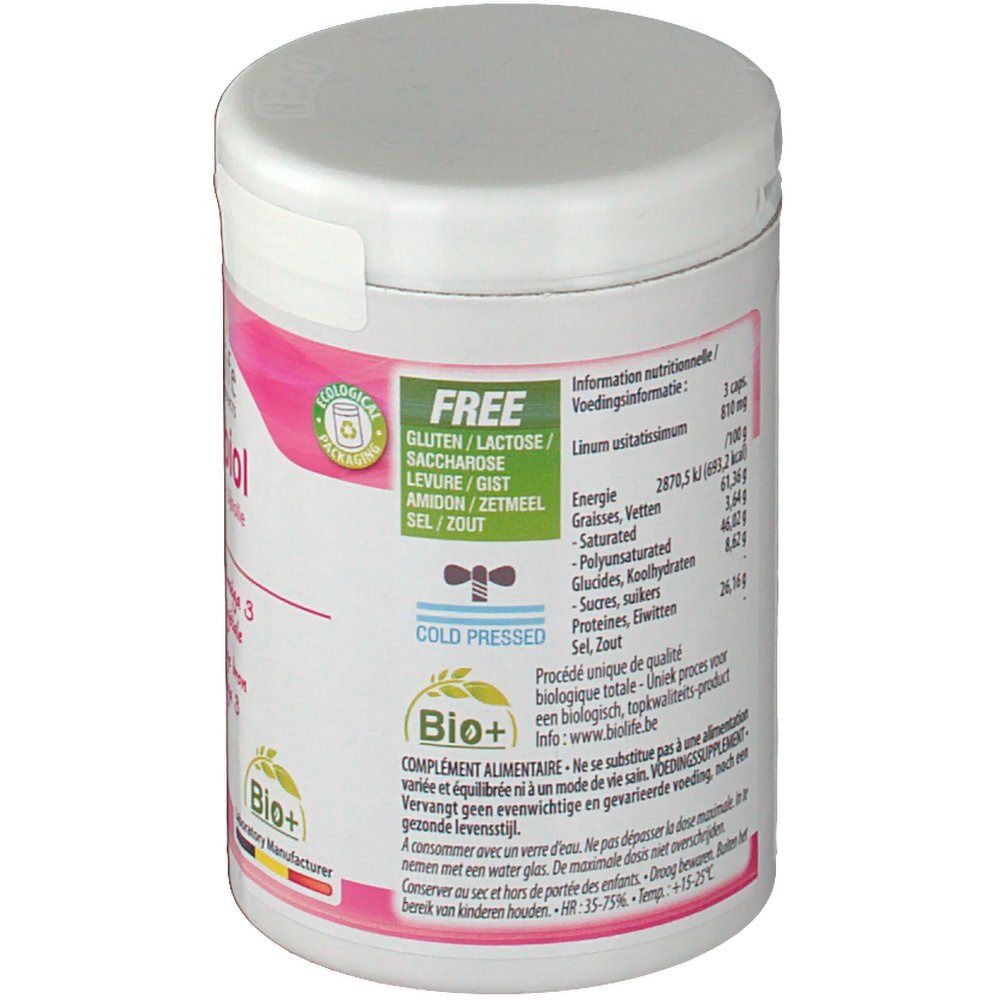 Boîte blanche avec étiquette rose. Texte: FREE, Gluten/Lactose/Saccharose, Levure/Gist, Amidon/Zetmeel, Sel/Zout. Logo Bio+.