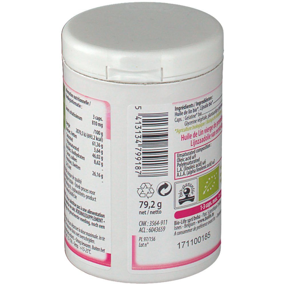 Boîte blanche avec étiquette rose. Texte: Ingrédients, 79,2 g, label bio, CNK, ACL, PL. Logo Bio-Life. Informations nutritionnelles.