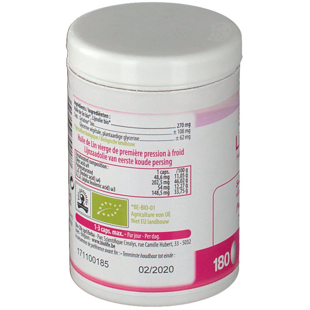 Boîte blanche avec étiquette rose. Texte: Ingrédients, 180, date limite 02/2020, label bio. Informations nutritionnelles.