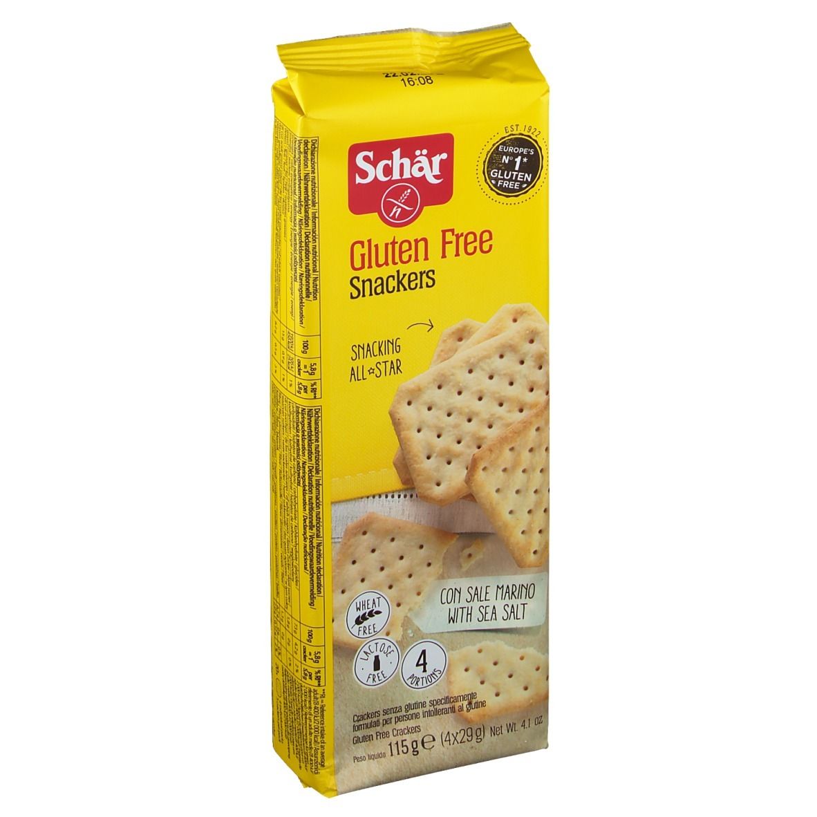 Emballage jaune de Snackers sans gluten. Inscription : Schär, Gluten Free, Snackers, au sel marin. Contient 4 portions.
