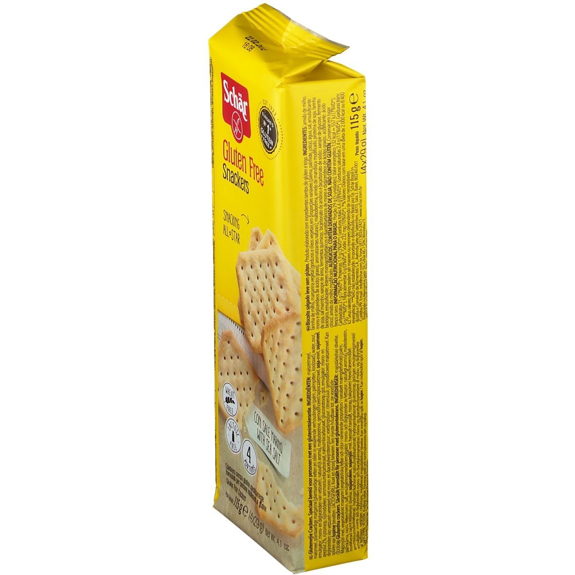 Emballage jaune de Snackers sans gluten. Inscription : Schär, Gluten Free, Snackers. Vue latérale avec texte.