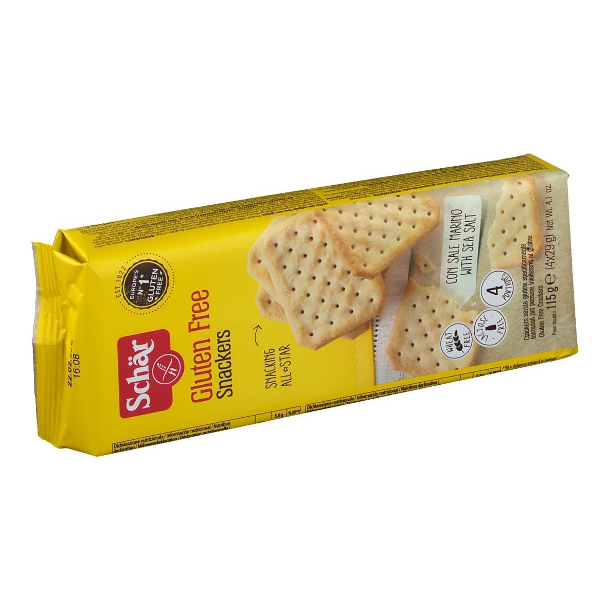 Emballage jaune de Snackers sans gluten. Inscription : Schär, Gluten Free, Snackers, au sel marin. Contient 4 portions.