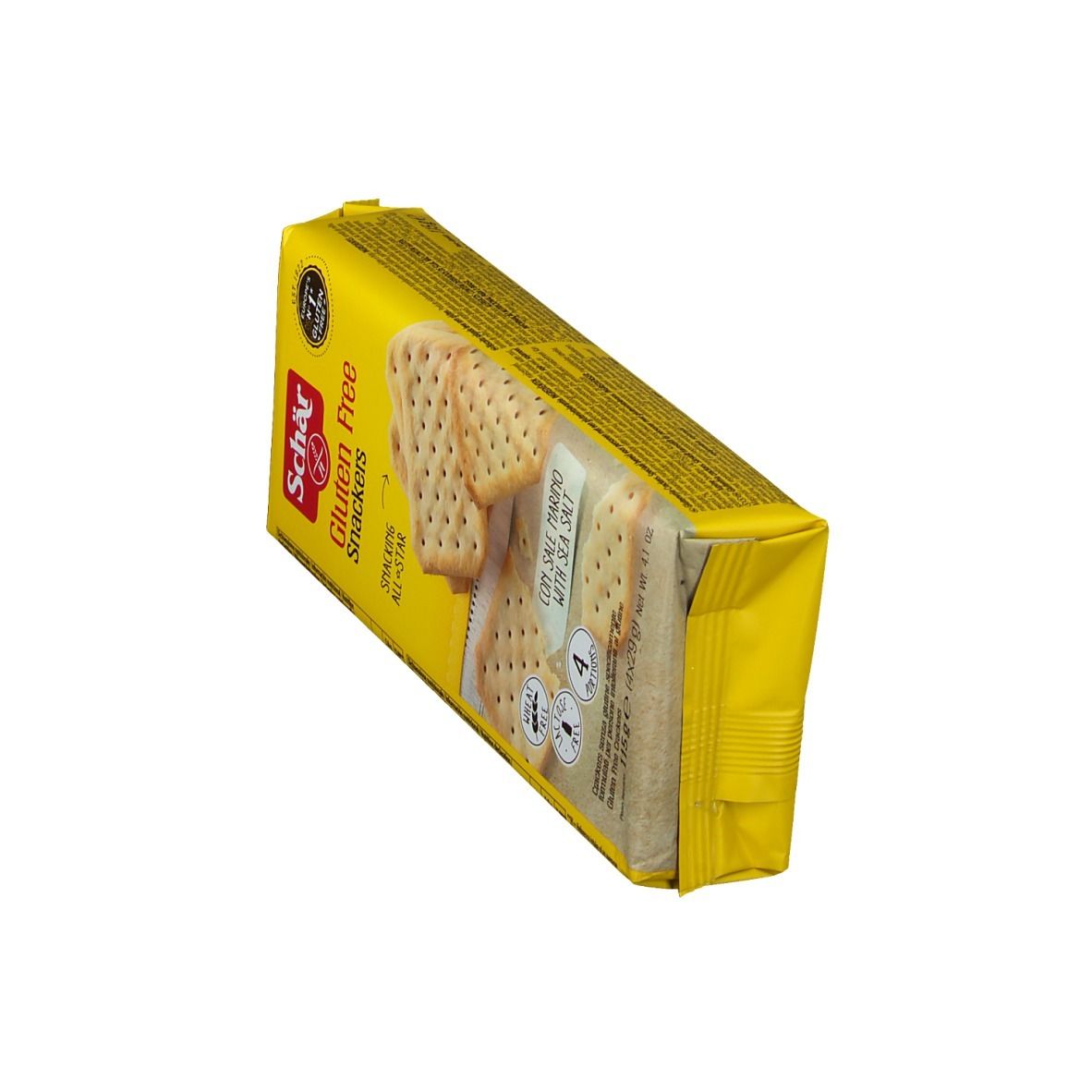 Emballage jaune de Snackers sans gluten. Inscription : Schär, Gluten Free, Snackers, au sel marin. Contient 4 portions.