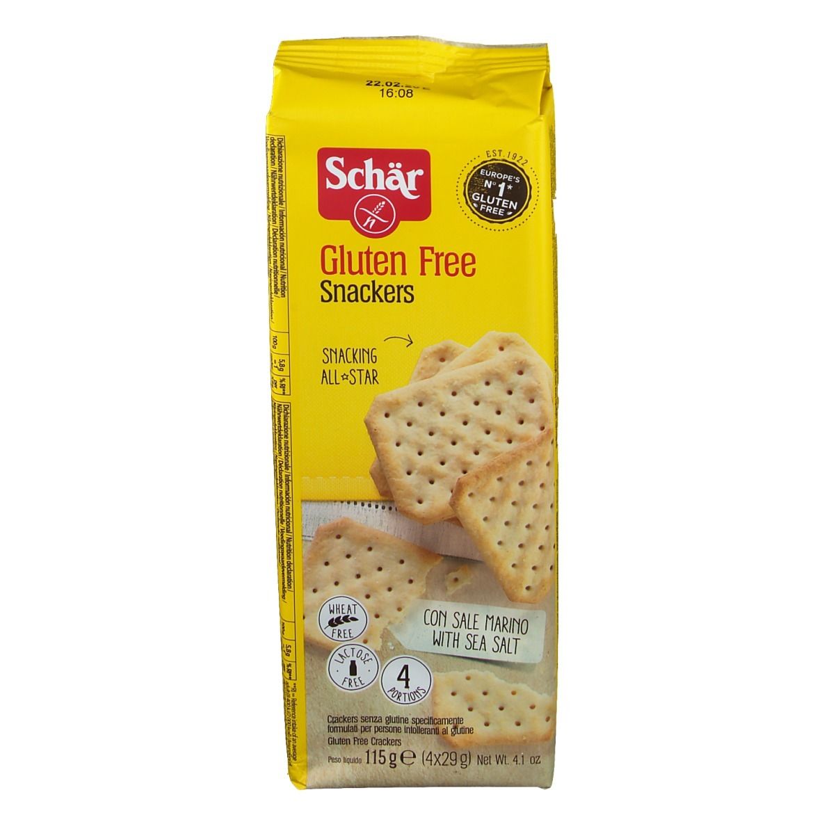 Emballage jaune de Snackers sans gluten. Inscription : Schär, Gluten Free, Snackers, au sel marin. Contient 4 portions.