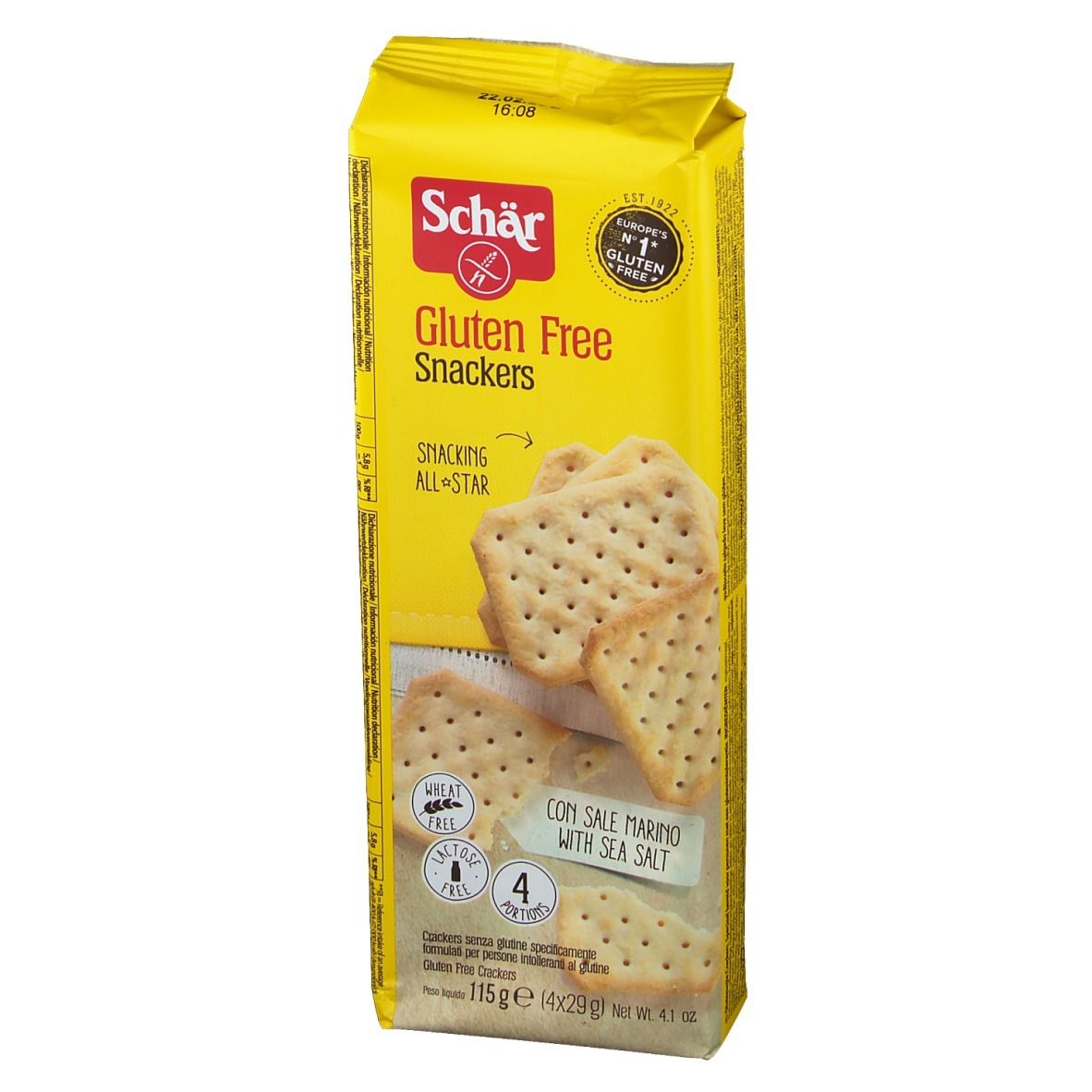 Emballage jaune de Snackers sans gluten. Inscription : Schär, Gluten Free, Snackers, au sel marin. Contient 4 portions.