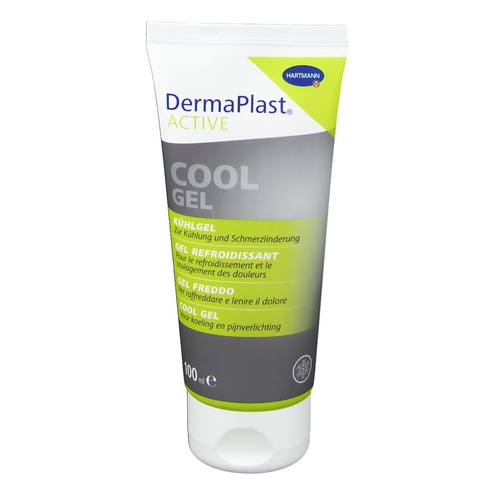 Tube de gel DermaPlast® Active Cool. Blanc, vert et gris. Texte : Cool Gel, 100 ml. Logo Hartmann.