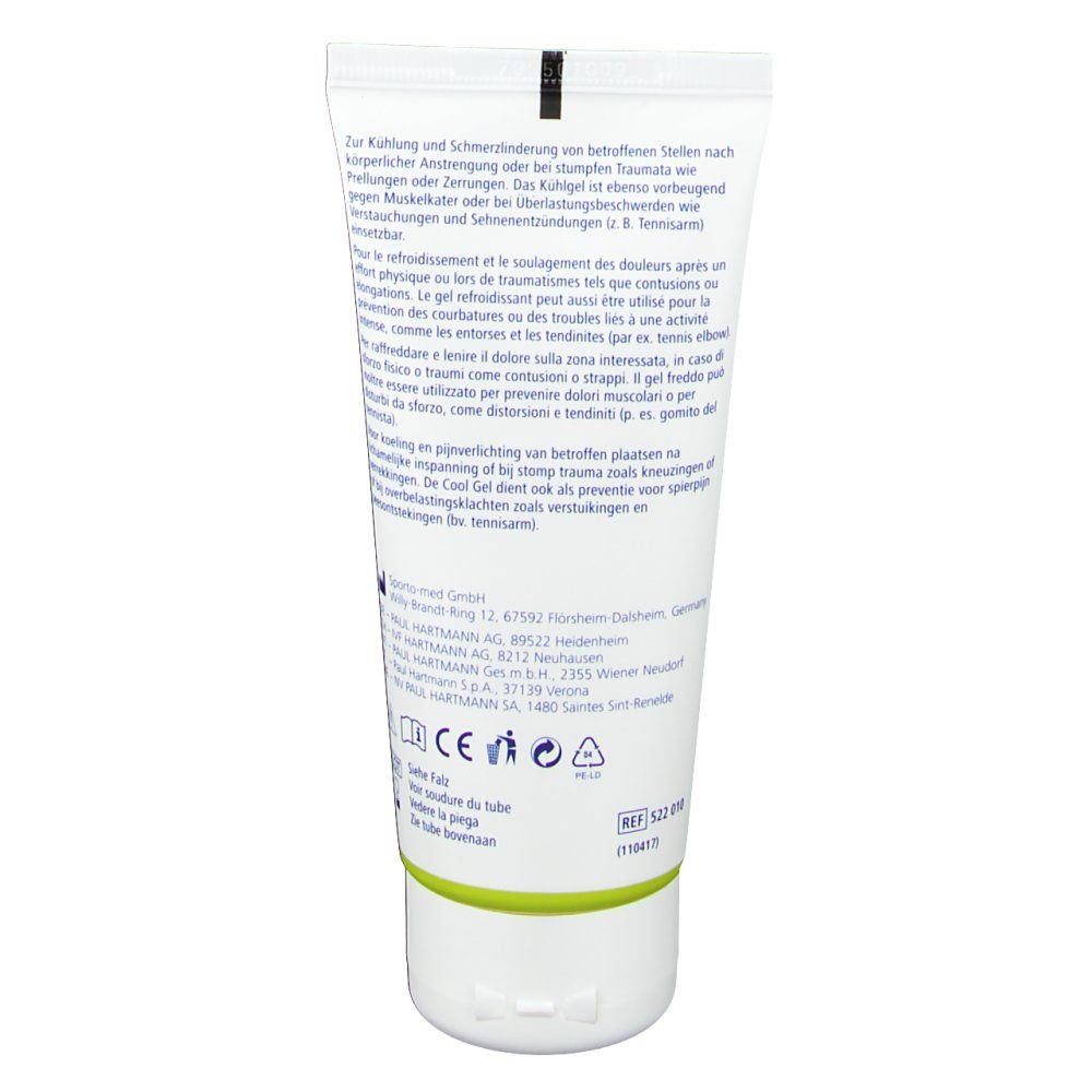 Dos du tube de gel DermaPlast® Active Cool. Blanc, avec texte. Marquage CE.