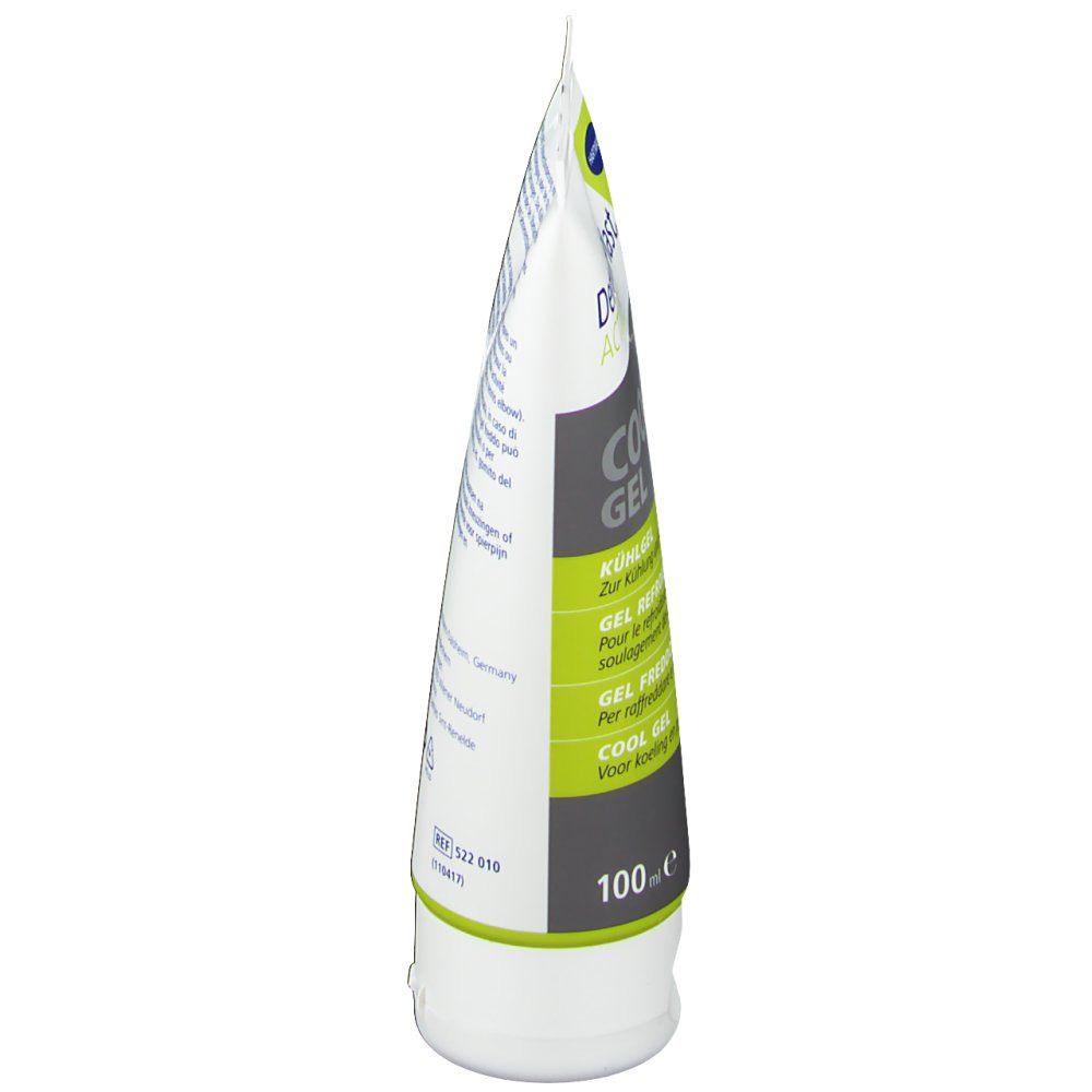 Vue latérale du tube de gel DermaPlast® Active Cool. Blanc, avec texte. 100 ml.