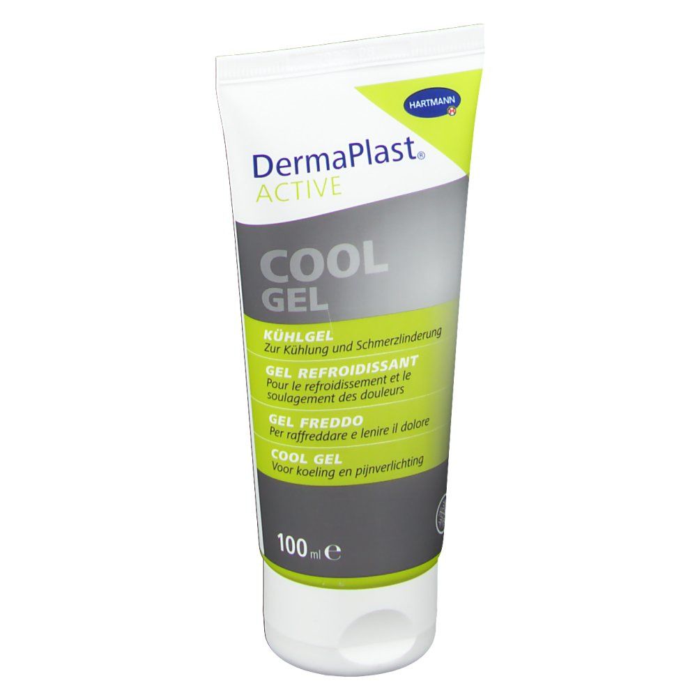 Tube de gel DermaPlast® Active Cool. Blanc, vert et gris. Texte : Cool Gel, 100 ml. Logo Hartmann.
