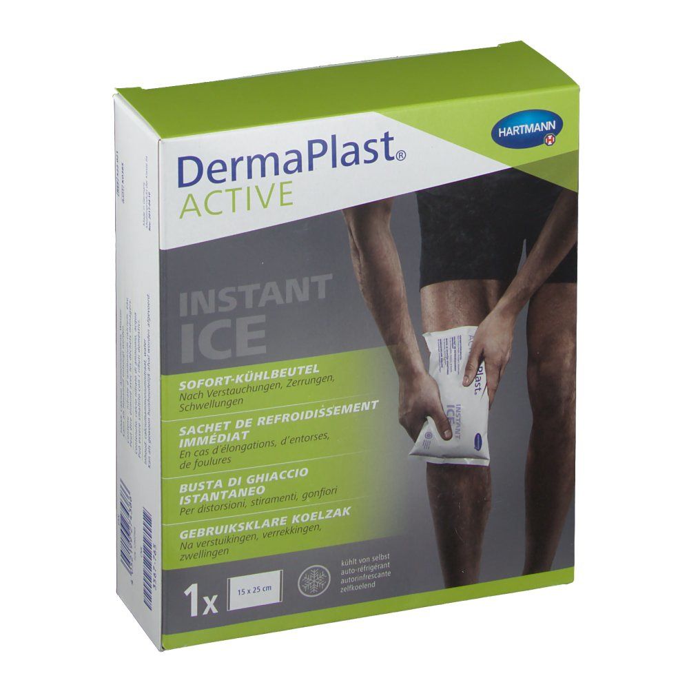 Boîte Dermaplast Active Instant Ice. Personne tenant une poche de glace sur le genou. 15x25cm. Logo Hartmann.