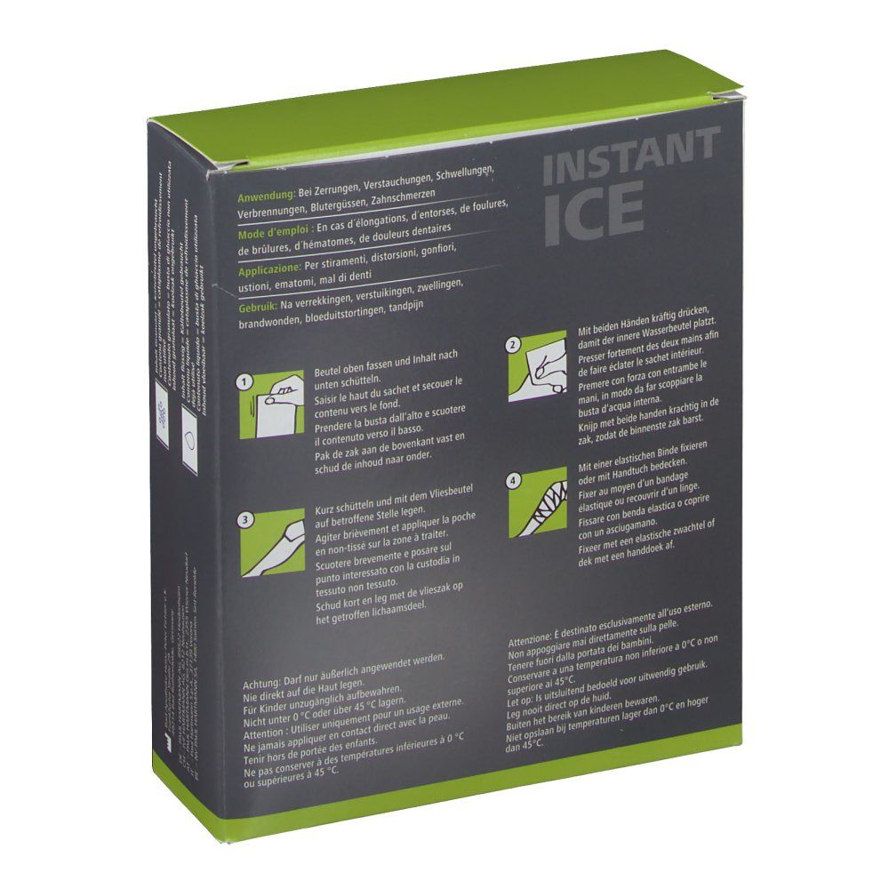Dos de la boîte Dermaplast Active Instant Ice. Instructions d'utilisation et pictogrammes.
