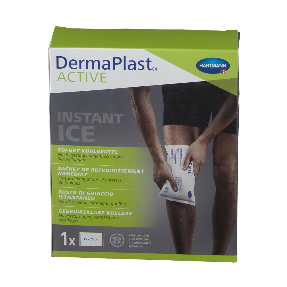 Boîte Dermaplast Active Instant Ice. Personne tenant une poche de glace sur le genou. 15x25cm. Logo Hartmann.