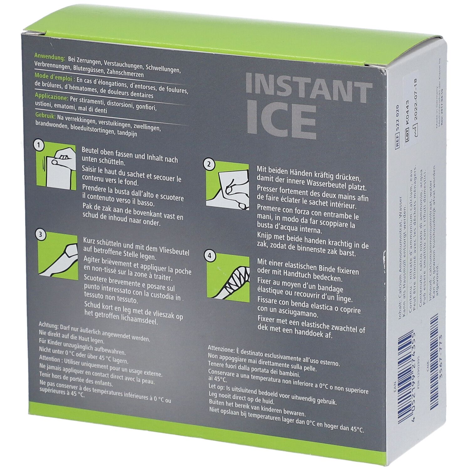 Dos de la boîte Dermaplast® Active Instant Ice. Instructions d'utilisation et pictogrammes.