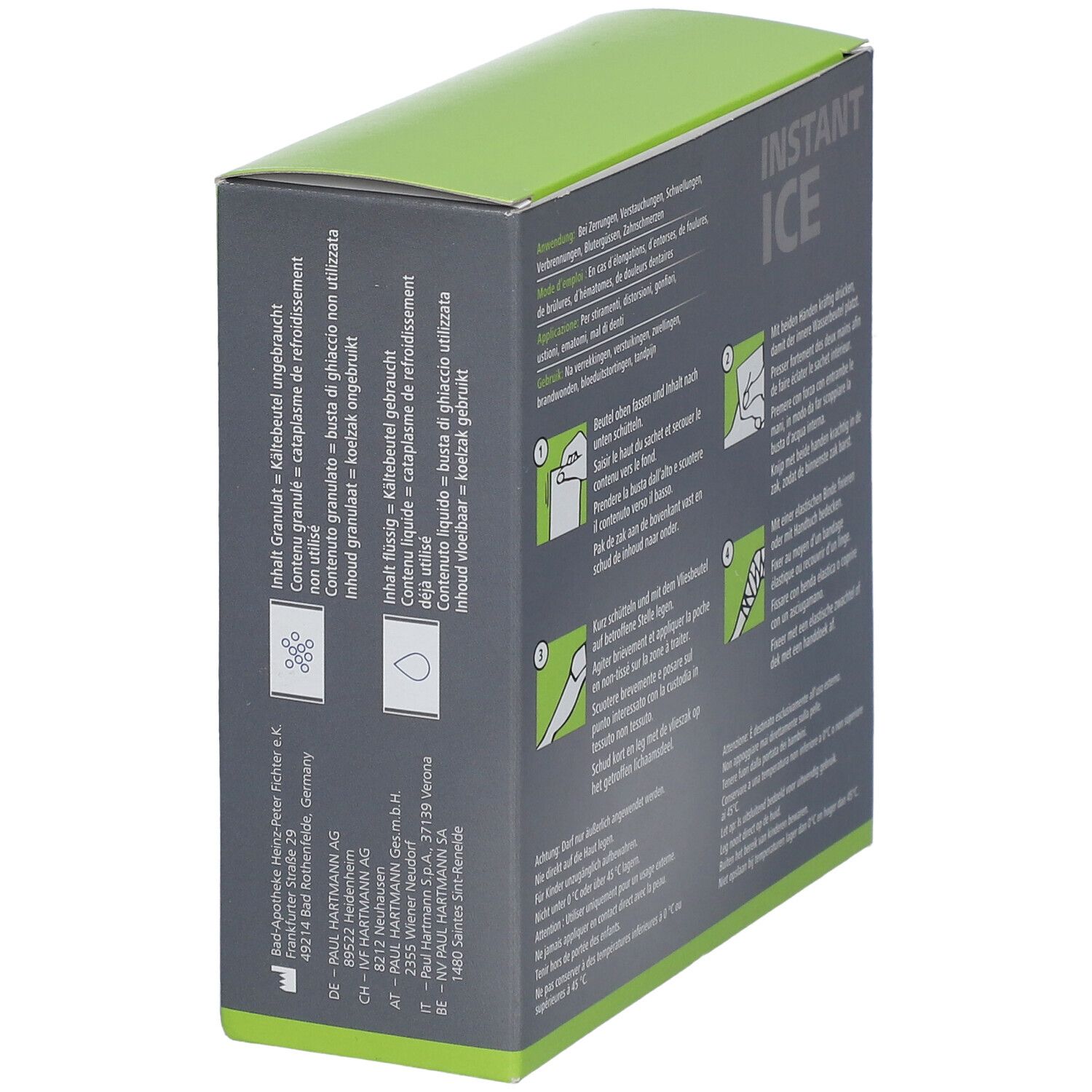 Boîte Dermaplast® Active Instant Ice, vue détaillée. Contenu, ingrédients et instructions d'utilisation.