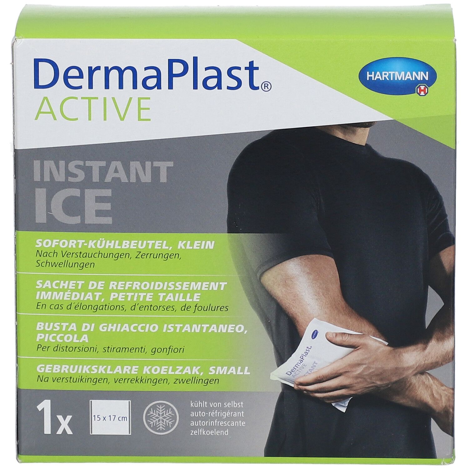 Boîte Dermaplast® Active Instant Ice. Design vert et blanc. Illustration : homme avec poche de glace sur le bras. 15x17 cm.