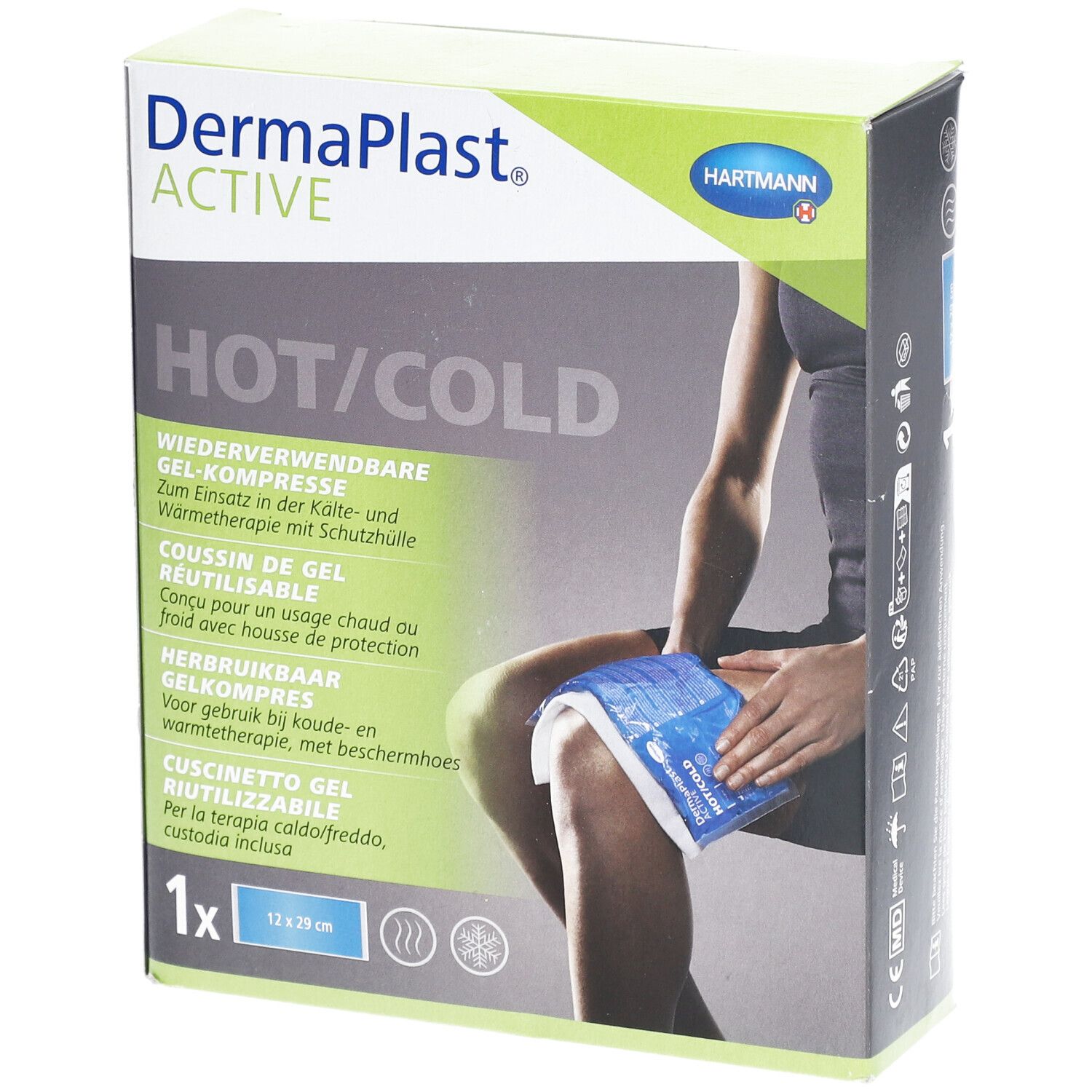 Emballage Dermaplast Active Hot/Cold. Compresse de gel, 12x29 cm. Personne tenant la compresse sur le genou.