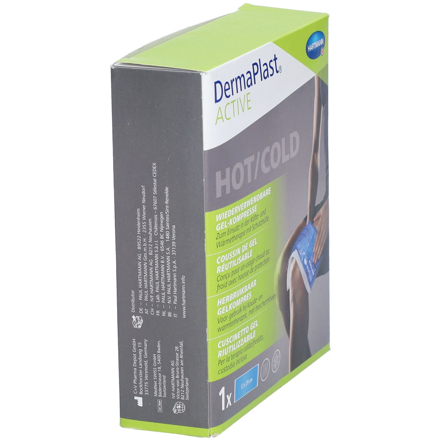 Emballage Dermaplast Active Hot/Cold. Vue latérale. Compresse de gel, 12x29 cm. Informations produit et logo.