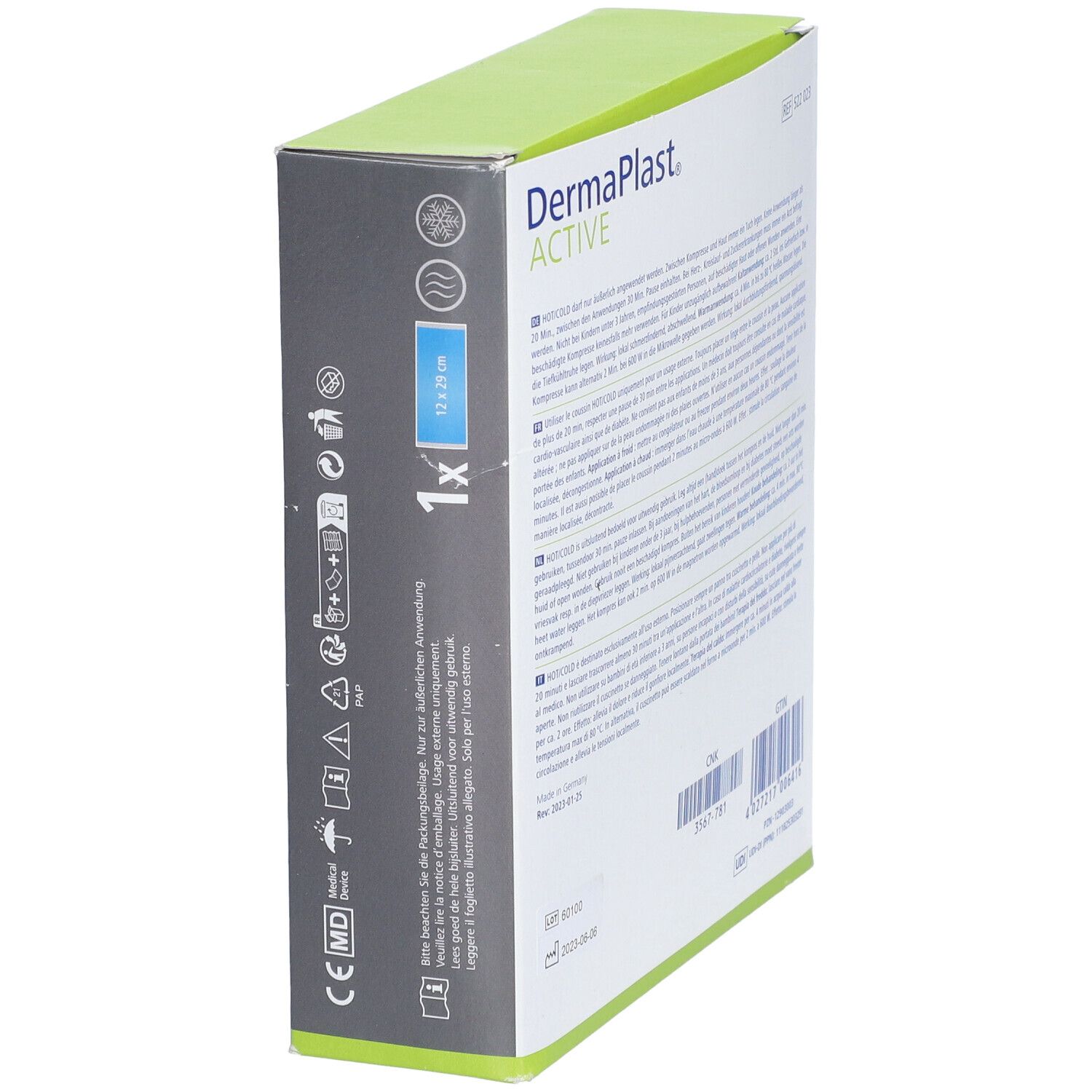 Emballage Dermaplast Active Hot/Cold. Vue latérale. Compresse de gel, 12x29 cm. Informations produit.