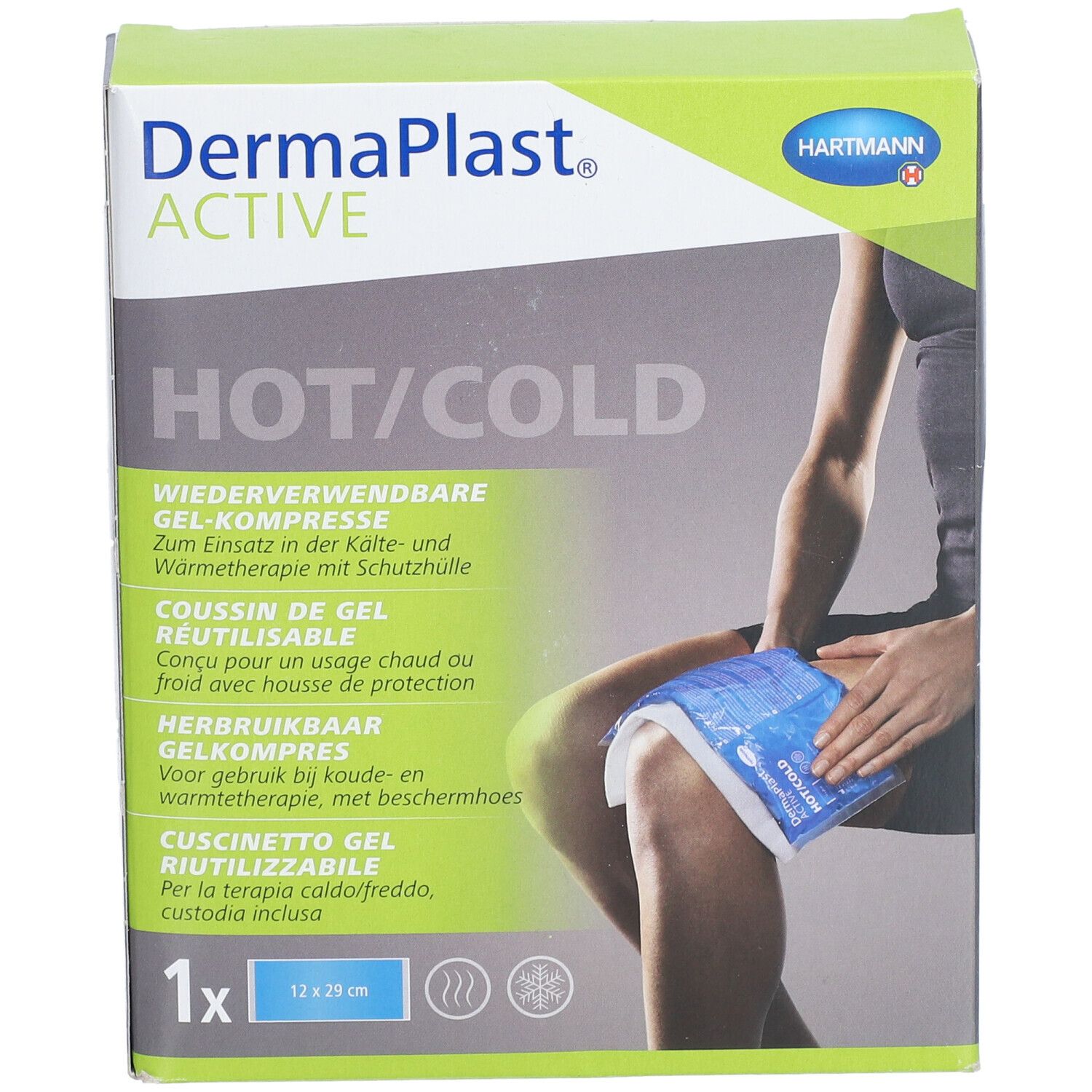 Emballage Dermaplast Active Hot/Cold. Compresse de gel, 12x29 cm. Personne tenant la compresse sur le genou.
