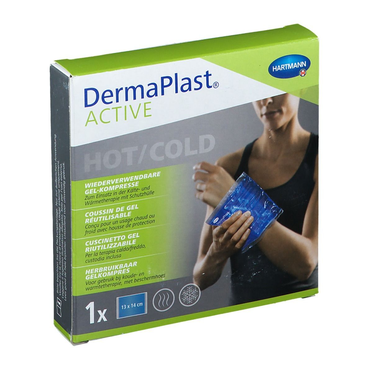 Compresse Dermaplast® Active Hot/Cold dans son emballage. Dimensions : 13 x 14 cm. Réutilisable. Femme tenant la compresse.