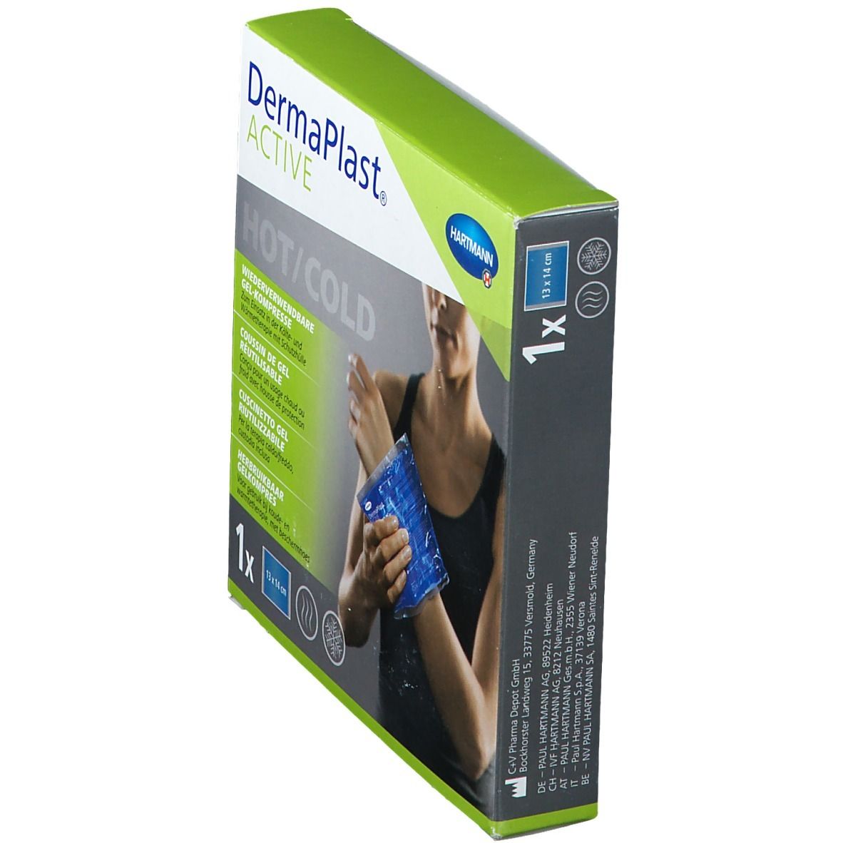 Emballage Dermaplast® Active Hot/Cold, vue latérale. Dimensions : 13 x 14 cm. Réutilisable. Femme tenant la compresse.