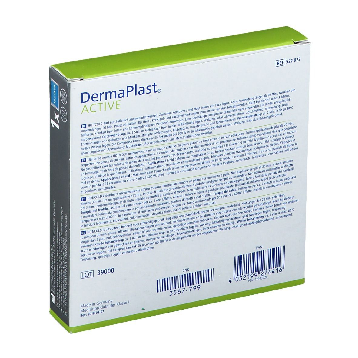 Dos de l'emballage Dermaplast® Active Hot/Cold. Texte multilingue. Informations d'utilisation.