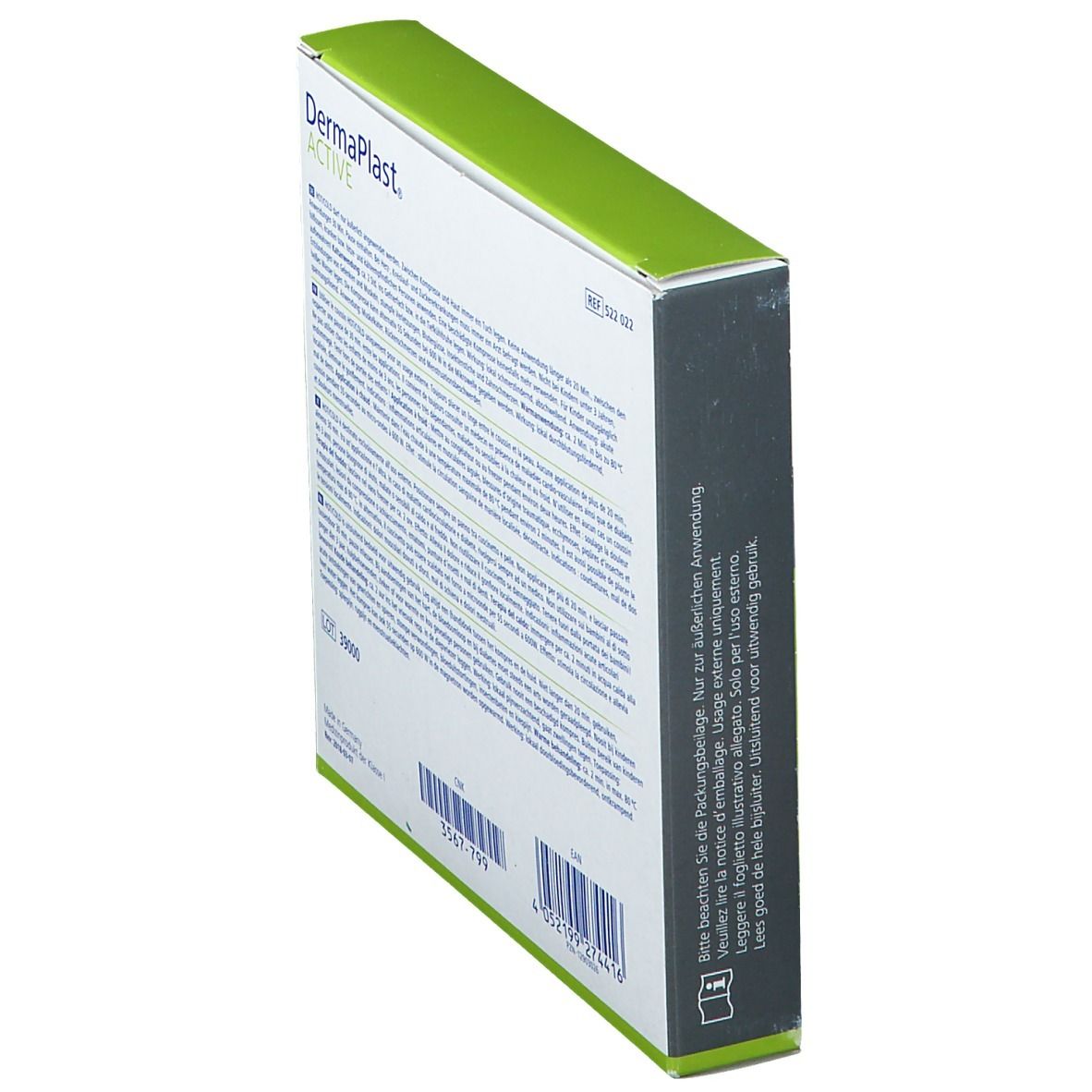 Vue latérale de l'emballage Dermaplast® Active Hot/Cold. Texte multilingue. Informations.