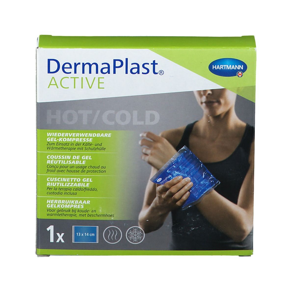 Compresse Dermaplast® Active Hot/Cold dans son emballage. Dimensions : 13 x 14 cm. Réutilisable. Femme tenant la compresse.