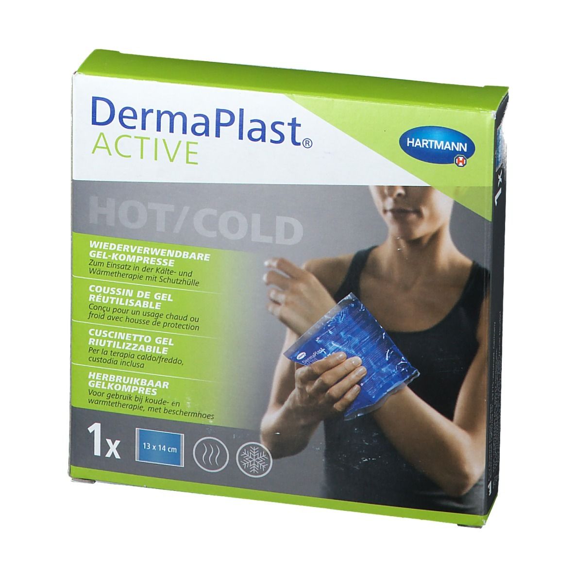 Compresse Dermaplast® Active Hot/Cold dans son emballage. Dimensions : 13 x 14 cm. Réutilisable. Femme tenant la compresse.