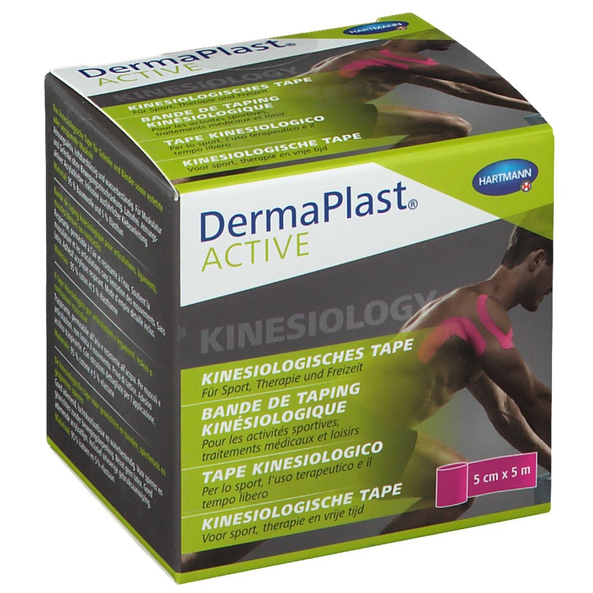 Boîte de Dermaplast® Active Kinesiology Tape. Design vert et blanc, nom et logo du produit. Dimensions : 5 cm x 5 m.