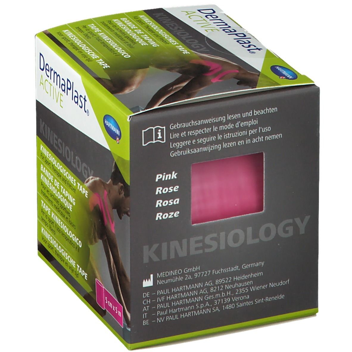 Boîte de Dermaplast® Active Kinesiology Tape. Ruban rose visible. Nom et logo du produit. Dimensions : 5 cm x 5 m.