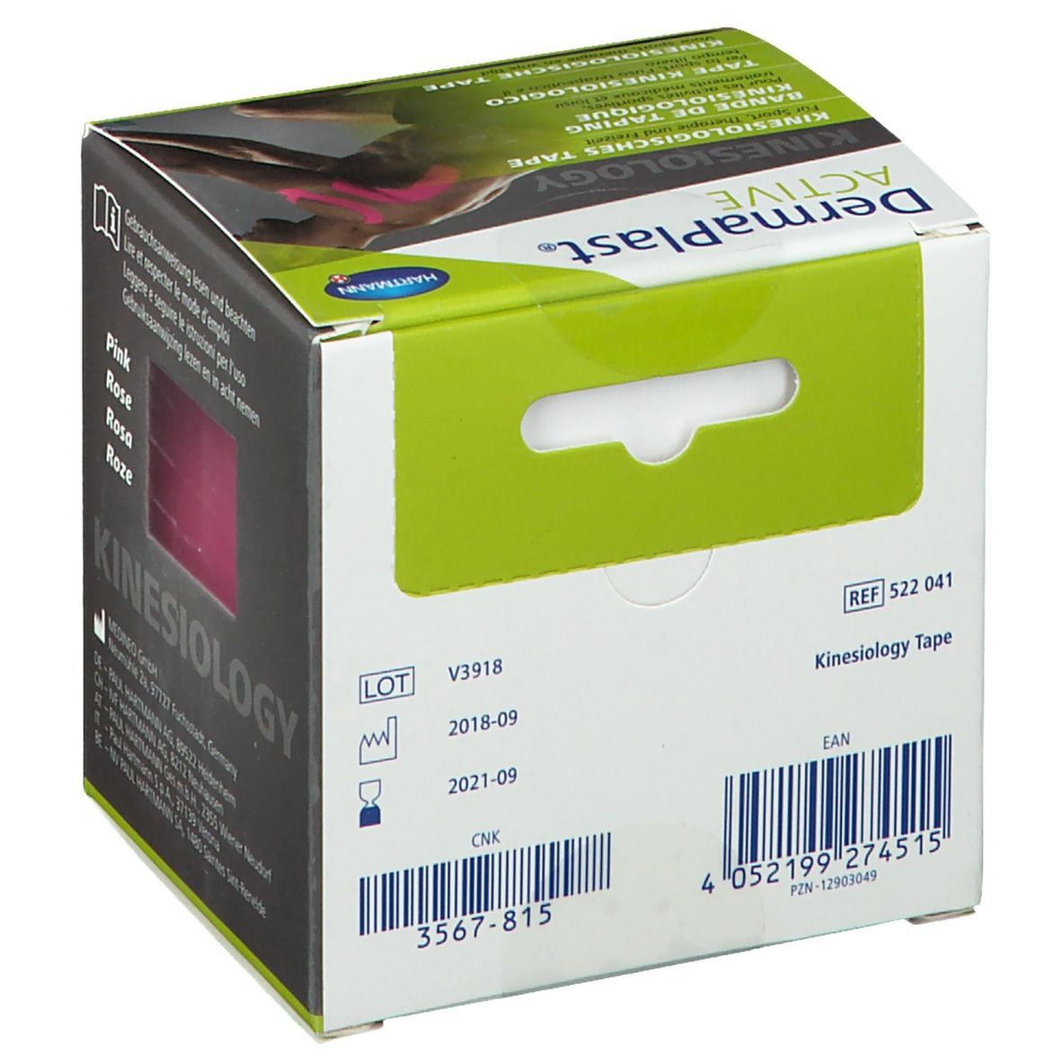 Dos de l'emballage de Dermaplast® Active Kinesiology Tape. Informations produit, numéro de lot, code EAN.