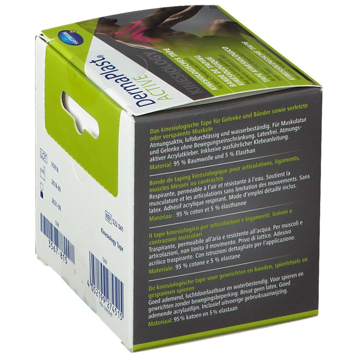 Emballage de Dermaplast® Active Kinesiology Tape. Description du produit en plusieurs langues. Matériau : 95% coton, 5% élasthanne.