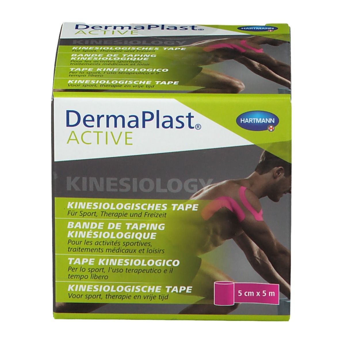 Boîte de Dermaplast® Active Kinesiology Tape. Nom et logo du produit. Rouleau de ruban rose. Dimensions : 5 cm x 5 m.