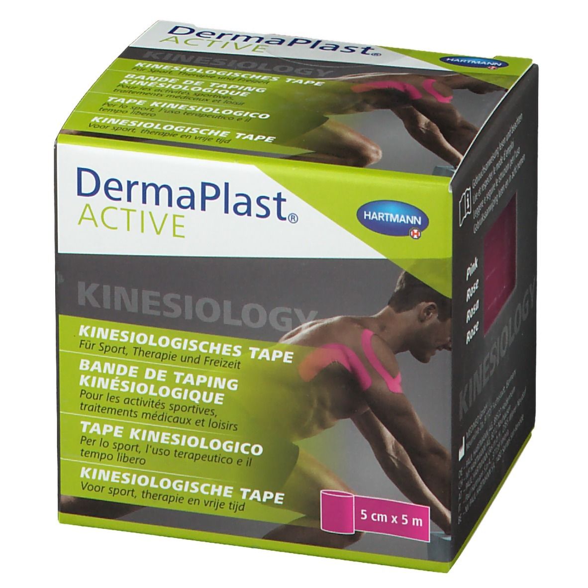 Boîte de Dermaplast® Active Kinesiology Tape. Nom et logo du produit. Rouleau de ruban rose. Dimensions : 5 cm x 5 m.