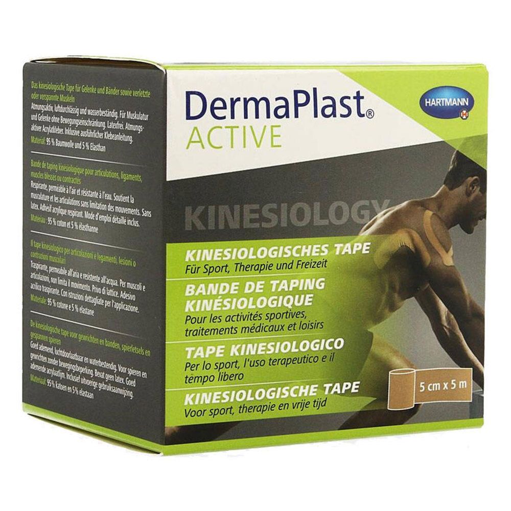 Boîte de Dermaplast® Active Kinesiology Tape beige, 5 cm x 5 m. Texte multilingue et illustration d'application.